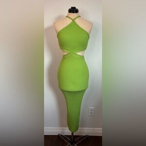 Zara Green Ribbed Criss Cross High Neck Cutout Midi Maxi Dress, size S